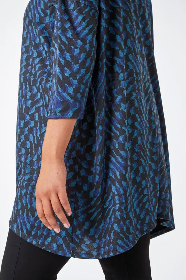 Women Blue Curve Abstract Print Stretch Tunic Top Roman Tops