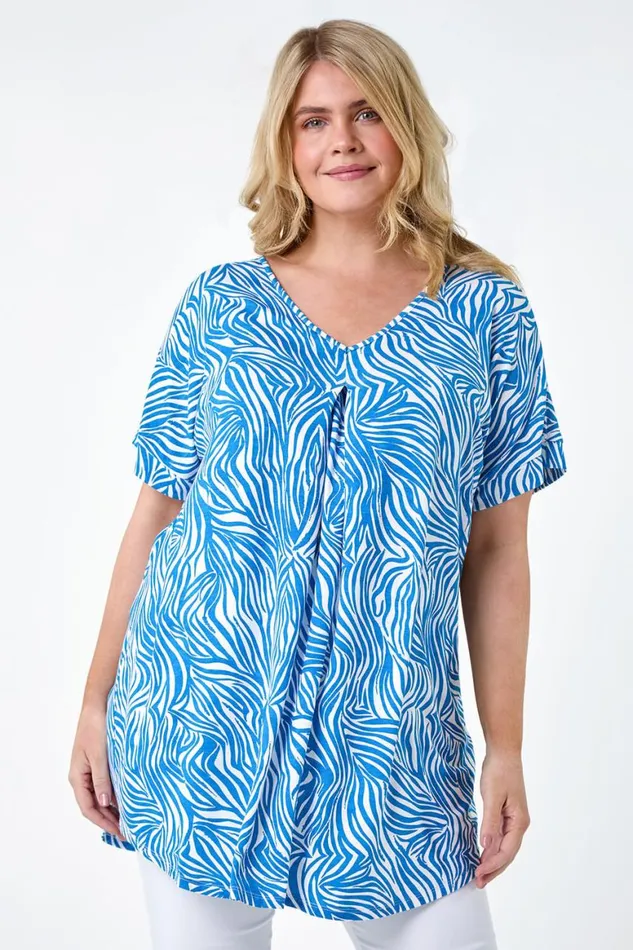 Women Blue Curve Animal Print VNeck Stretch Top Roman Tops