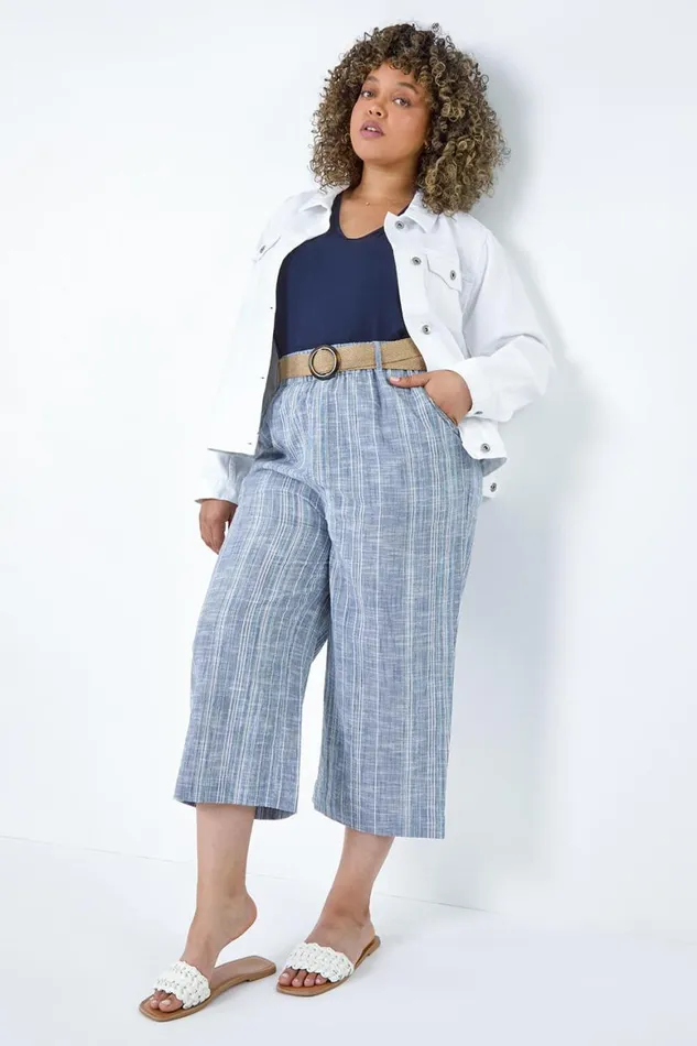 Women Blue Curve Cotton Stripe Belted Crop Trousers Roman Trousers