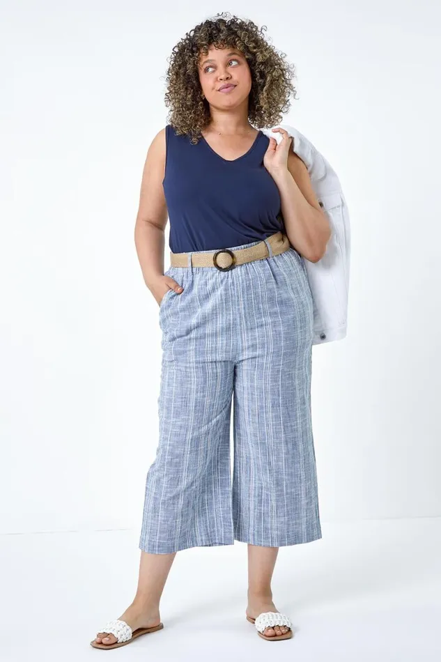 Women Blue Curve Cotton Stripe Belted Crop Trousers Roman Trousers