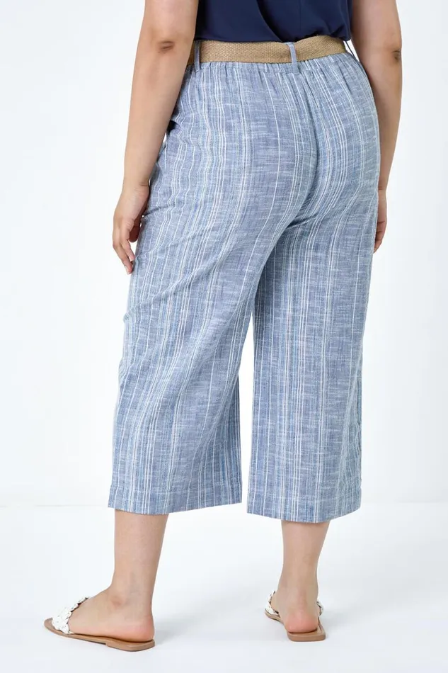 Women Blue Curve Cotton Stripe Belted Crop Trousers Roman Trousers