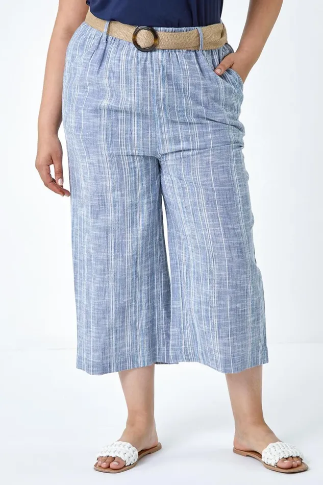 Women Blue Curve Cotton Stripe Belted Crop Trousers Roman Trousers