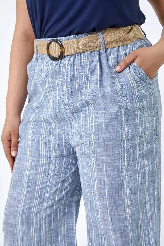 Women Blue Curve Cotton Stripe Belted Crop Trousers Roman Trousers