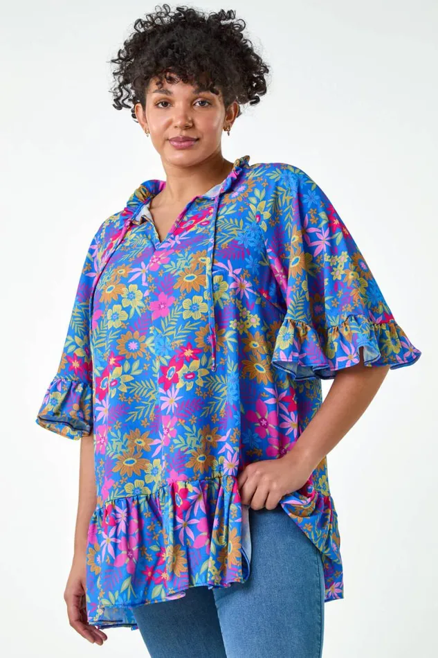 Women Blue Curve Floral Frill Tie Detail Top Roman Tops