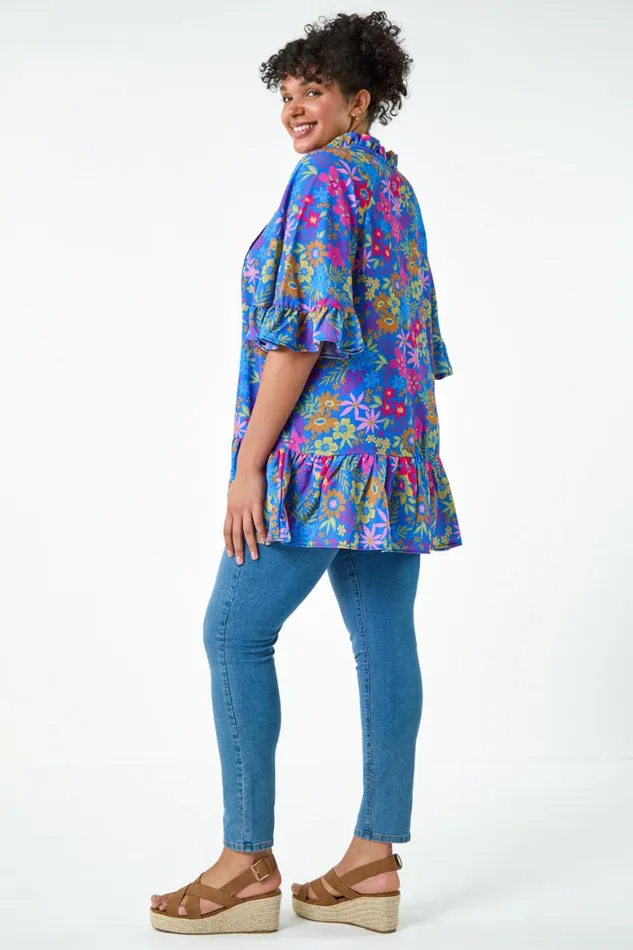 Women Blue Curve Floral Frill Tie Detail Top Roman Tops