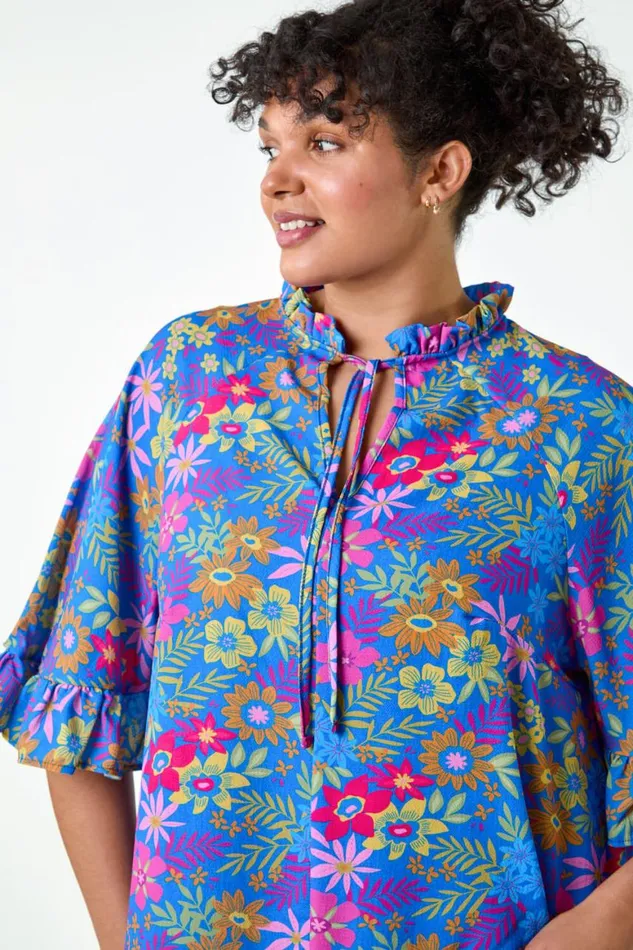 Women Blue Curve Floral Frill Tie Detail Top Roman Tops