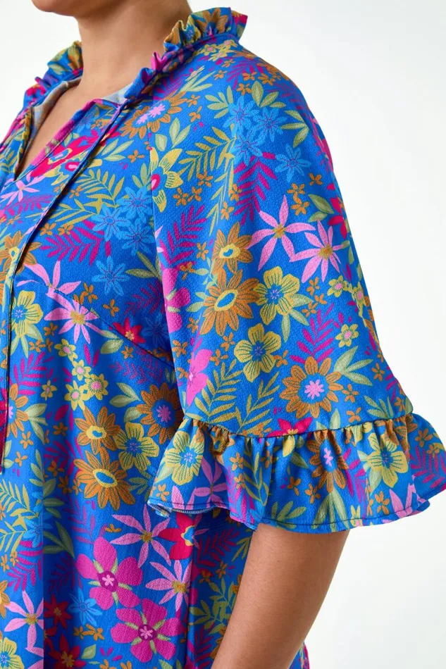 Women Blue Curve Floral Frill Tie Detail Top Roman Tops