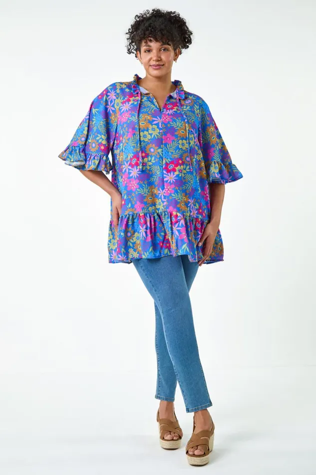 Women Blue Curve Floral Frill Tie Detail Top Roman Tops