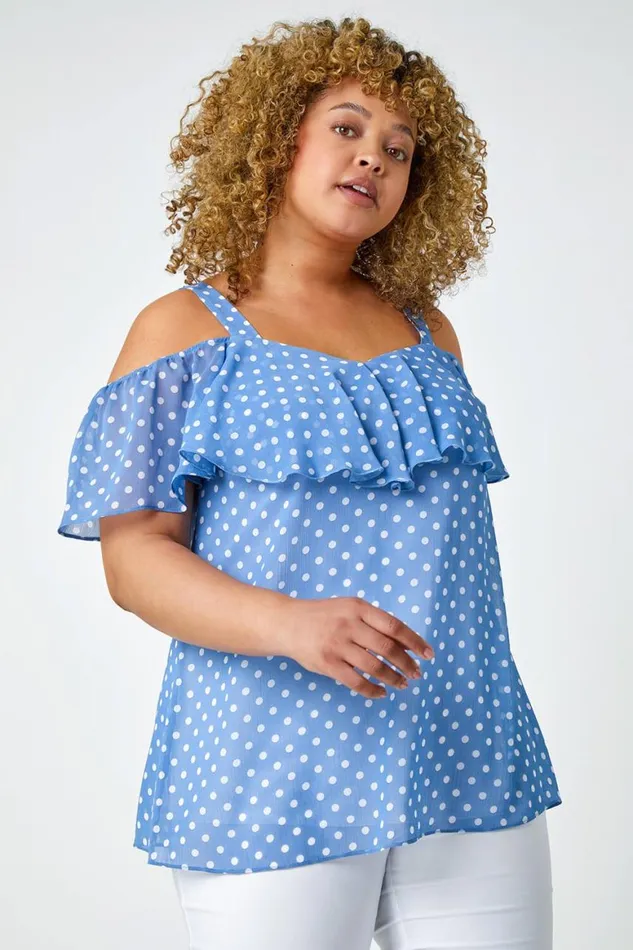 Women Blue Curve Polka Dot Cold Shoulder Top Roman Tops