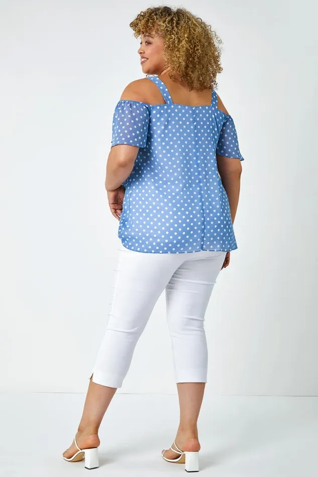 Women Blue Curve Polka Dot Cold Shoulder Top Roman Tops