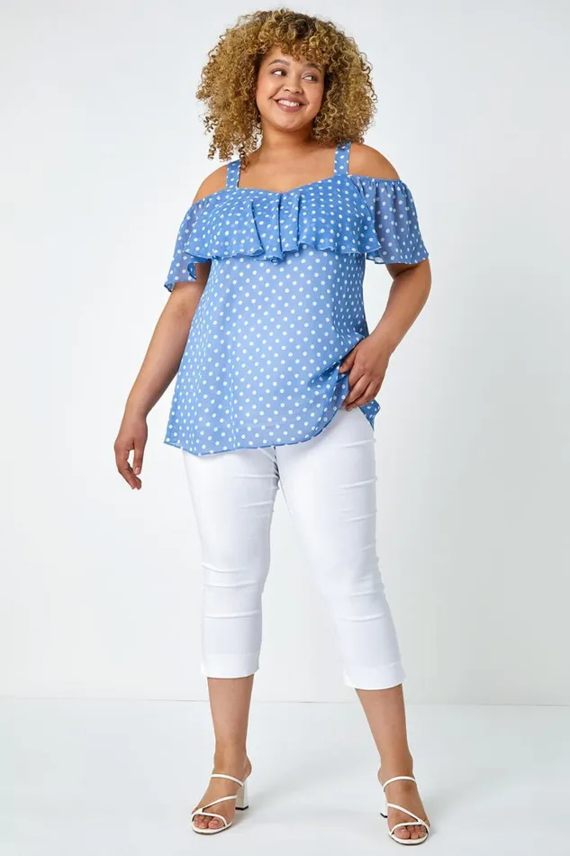 Women Blue Curve Polka Dot Cold Shoulder Top Roman Tops