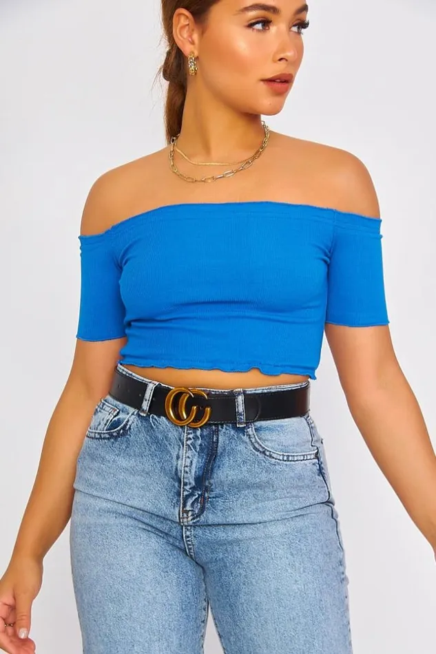 Women Blue Cutout Crop Top With Bardot Collar Blue Brentiny Paris Lace Tops