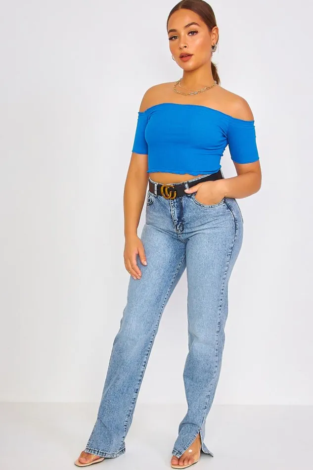 Women Blue Cutout Crop Top With Bardot Collar Blue Brentiny Paris Lace Tops