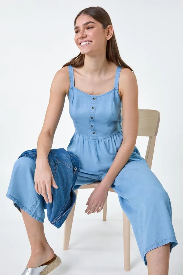Women Blue Denim Shirred Back Strappy Jumpsuit Roman Dresses