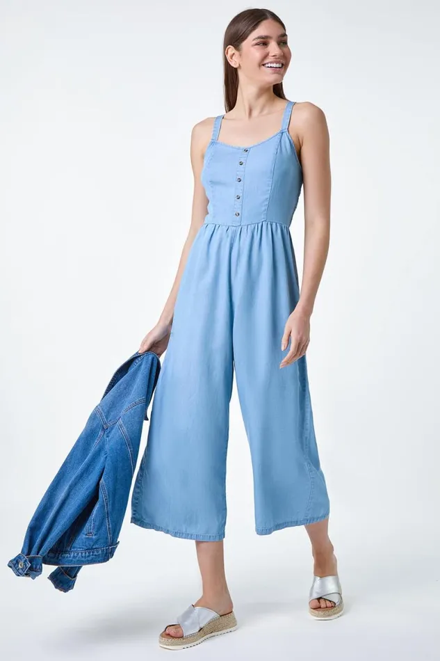 Women Blue Denim Shirred Back Strappy Jumpsuit Roman Dresses