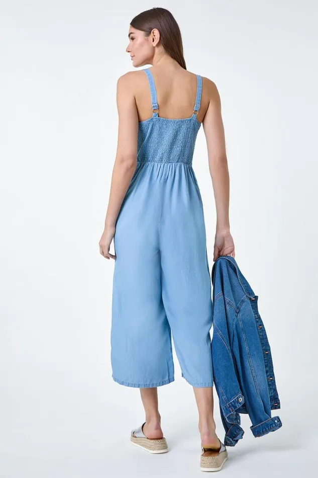 Women Blue Denim Shirred Back Strappy Jumpsuit Roman Dresses