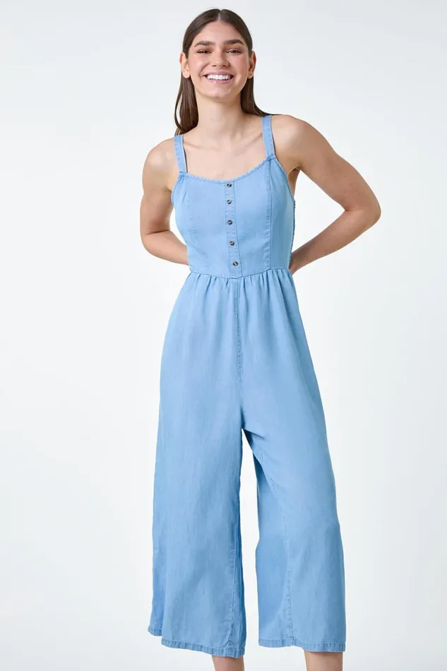Women Blue Denim Shirred Back Strappy Jumpsuit Roman Dresses