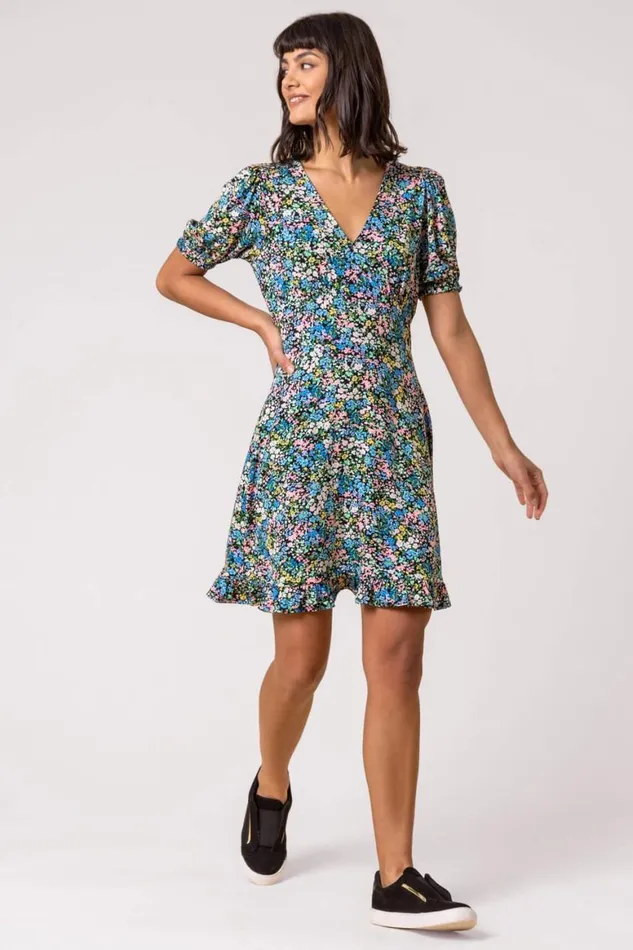Women Blue Ditsy Floral Stretch Jersey Tea Dress Roman Dresses