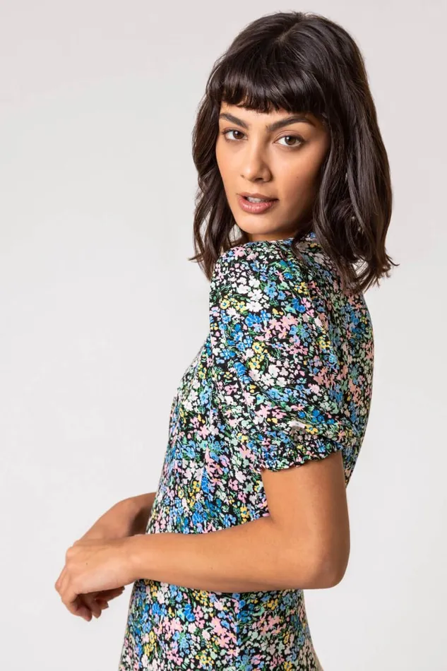 Women Blue Ditsy Floral Stretch Jersey Tea Dress Roman Dresses