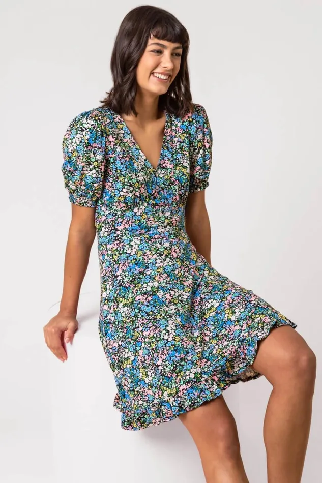 Women Blue Ditsy Floral Stretch Jersey Tea Dress Roman Dresses