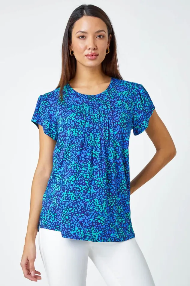 Women Blue Ditsy Spot Print Pleated Stretch Top Roman Tops