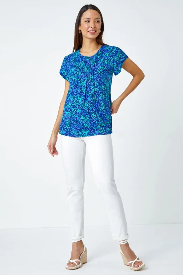 Women Blue Ditsy Spot Print Pleated Stretch Top Roman Tops