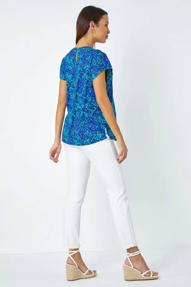 Women Blue Ditsy Spot Print Pleated Stretch Top Roman Tops