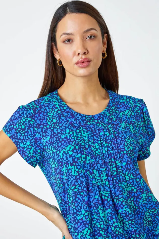 Women Blue Ditsy Spot Print Pleated Stretch Top Roman Tops
