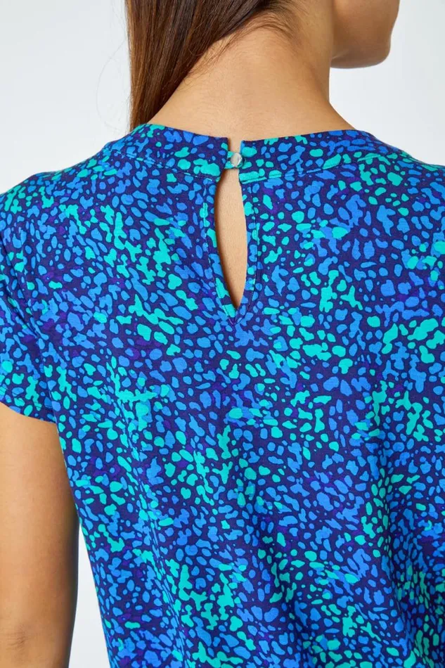 Women Blue Ditsy Spot Print Pleated Stretch Top Roman Tops