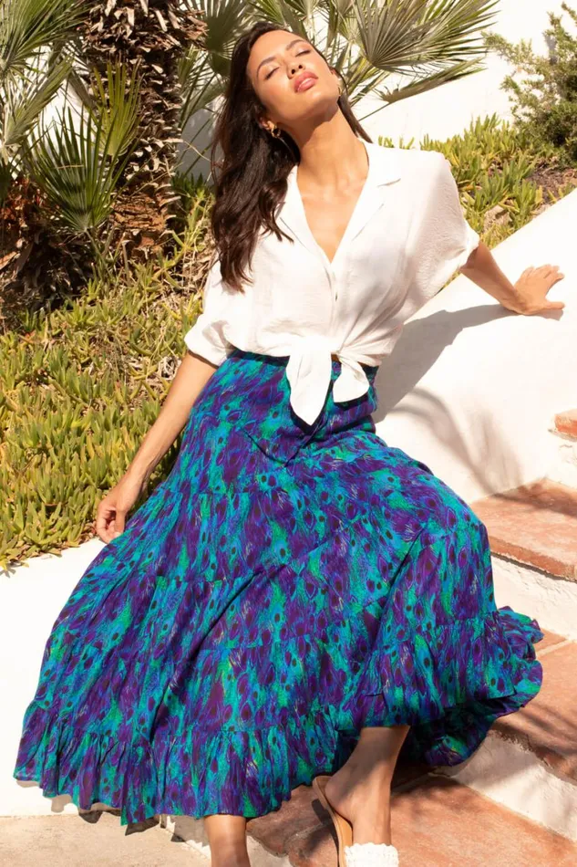 Women Blue Feather Print Tiered Cotton Maxi Skirt Roman Skirts
