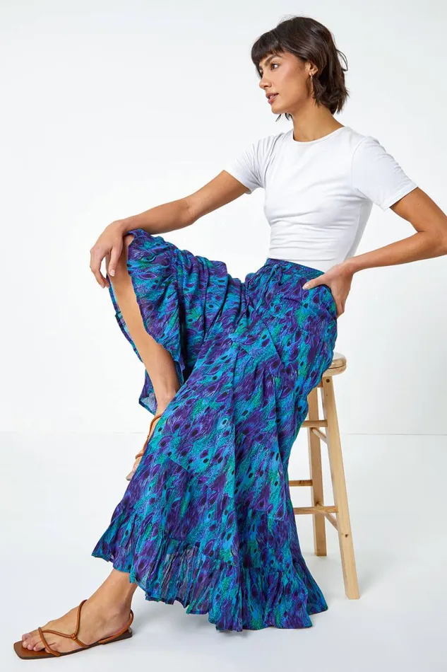 Women Blue Feather Print Tiered Cotton Maxi Skirt Roman Skirts