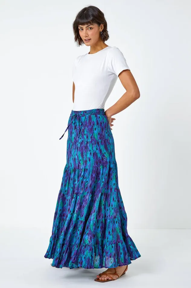 Women Blue Feather Print Tiered Cotton Maxi Skirt Roman Skirts