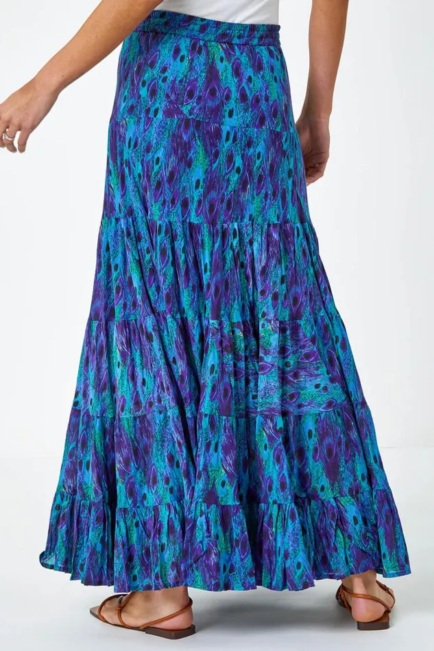 Women Blue Feather Print Tiered Cotton Maxi Skirt Roman Skirts