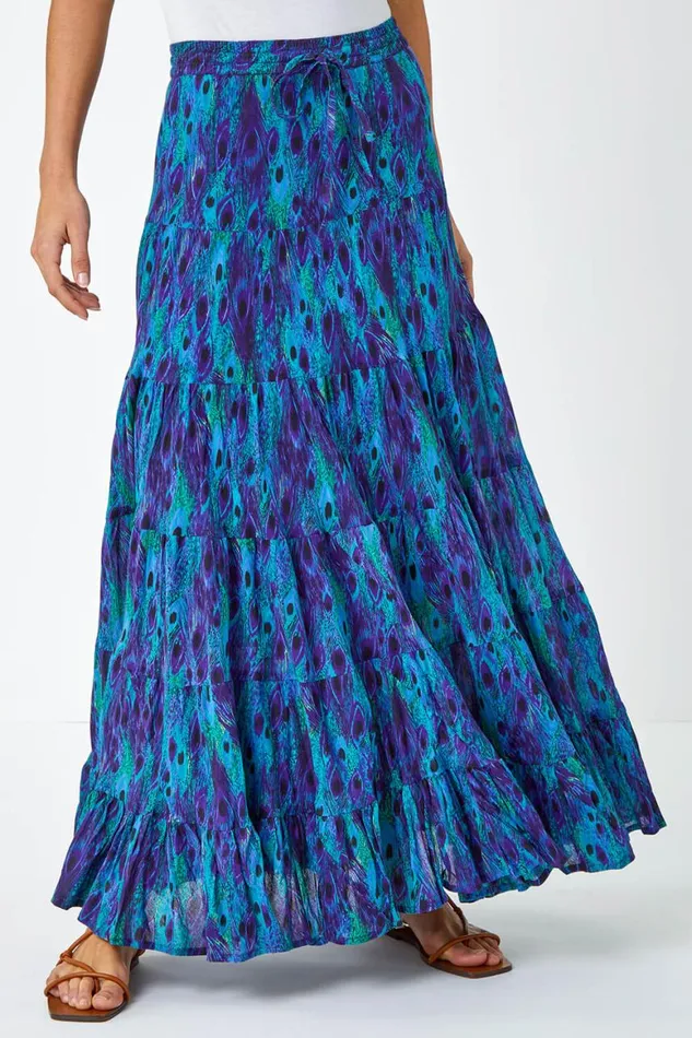 Women Blue Feather Print Tiered Cotton Maxi Skirt Roman Skirts
