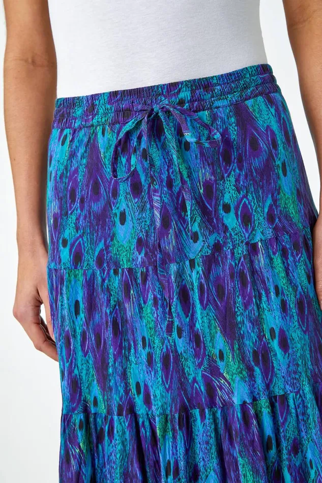 Women Blue Feather Print Tiered Cotton Maxi Skirt Roman Skirts