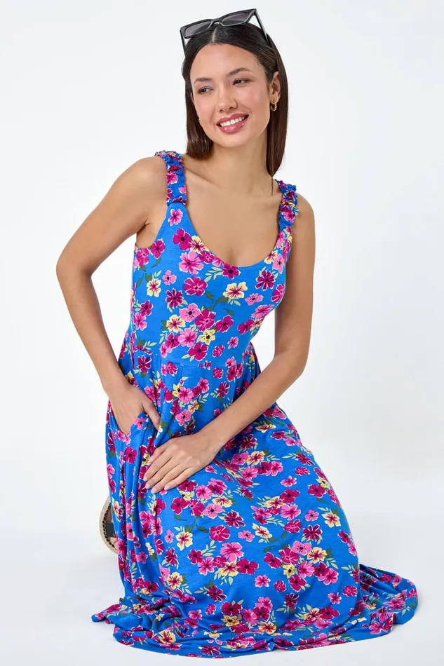 Women Blue Floral Shirred Strap Midi Dress Roman Dresses