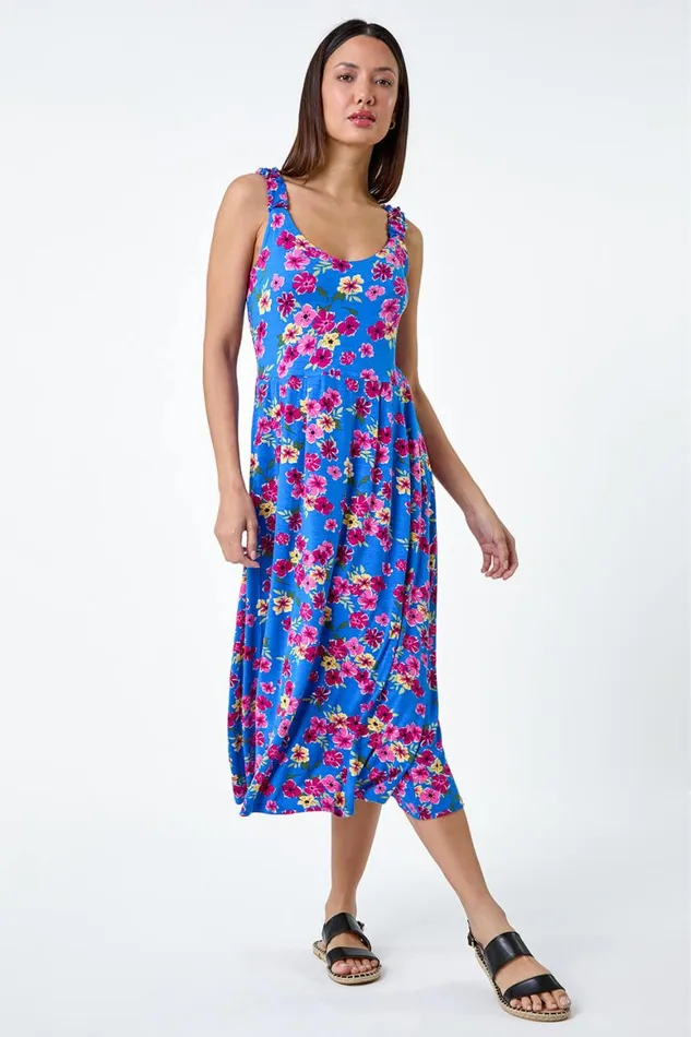 Women Blue Floral Shirred Strap Midi Dress Roman Dresses