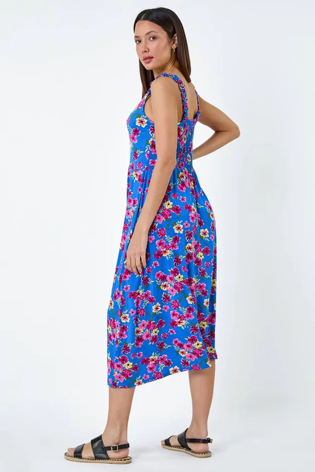 Women Blue Floral Shirred Strap Midi Dress Roman Dresses