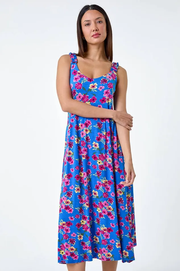 Women Blue Floral Shirred Strap Midi Dress Roman Dresses