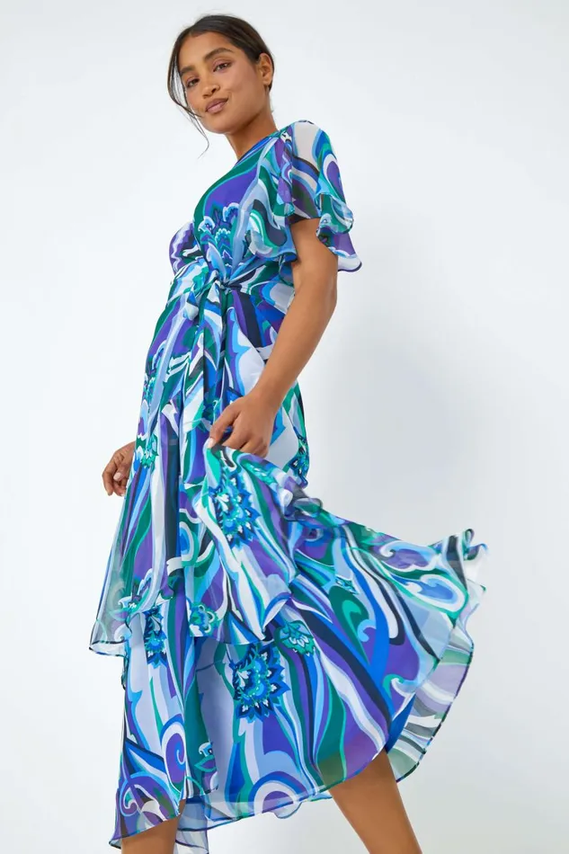 Women Blue Floral Swirl Print Chiffon Tiered Wrap Dress Roman Dresses