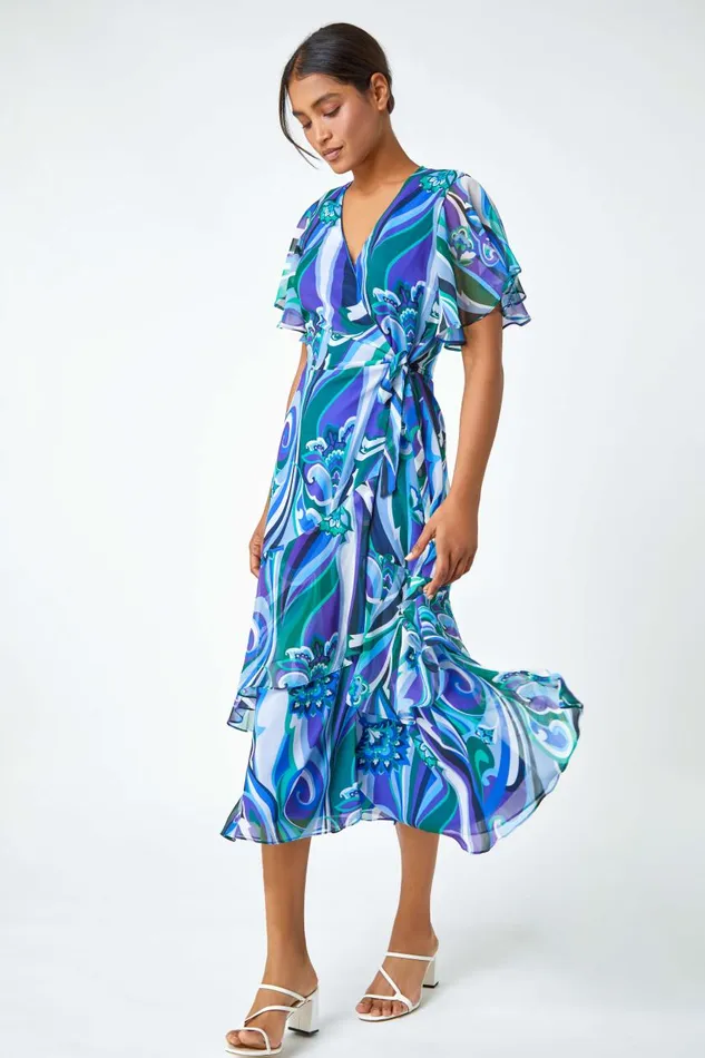 Women Blue Floral Swirl Print Chiffon Tiered Wrap Dress Roman Dresses