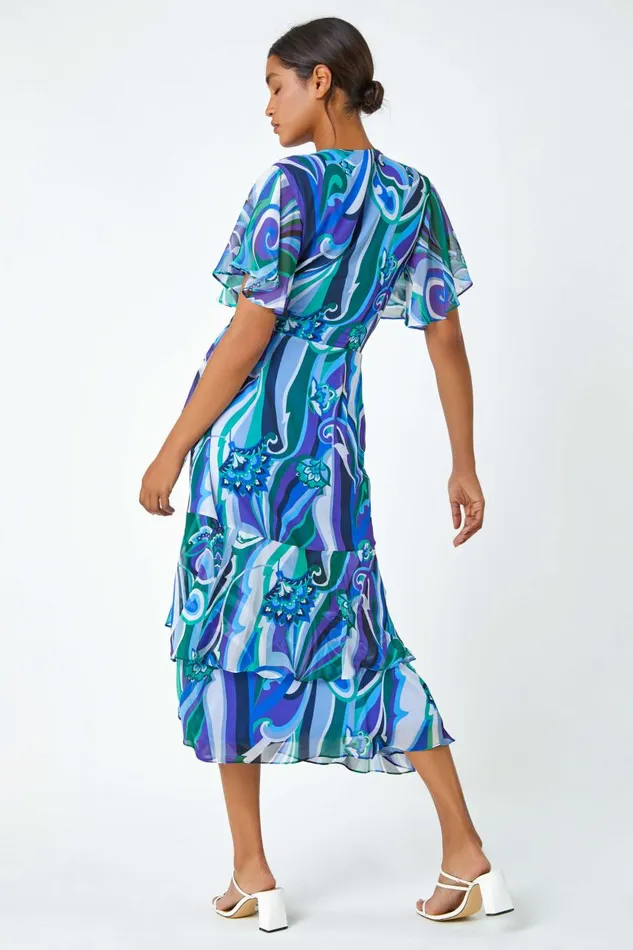 Women Blue Floral Swirl Print Chiffon Tiered Wrap Dress Roman Dresses