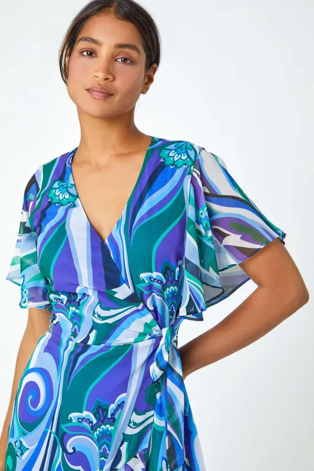 Women Blue Floral Swirl Print Chiffon Tiered Wrap Dress Roman Dresses