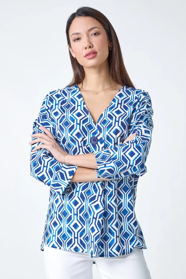 Women Blue Geometric Pleated Button Detail Top Roman Tops