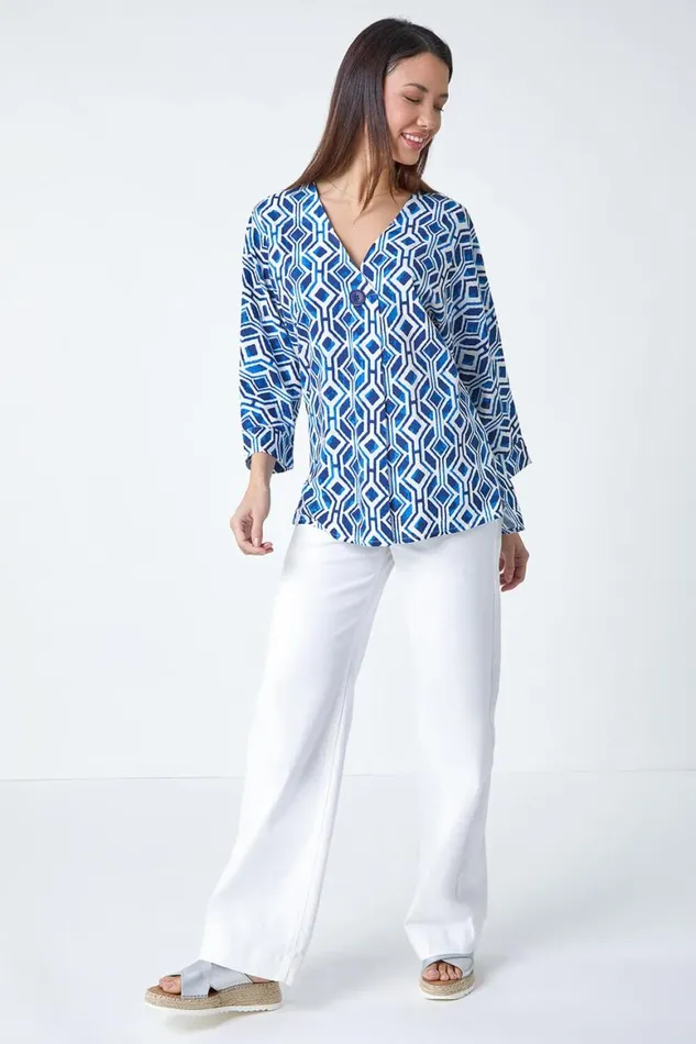 Women Blue Geometric Pleated Button Detail Top Roman Tops