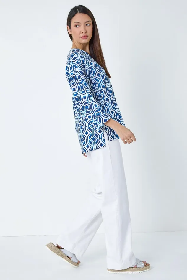 Women Blue Geometric Pleated Button Detail Top Roman Tops