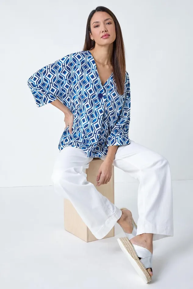 Women Blue Geometric Pleated Button Detail Top Roman Tops