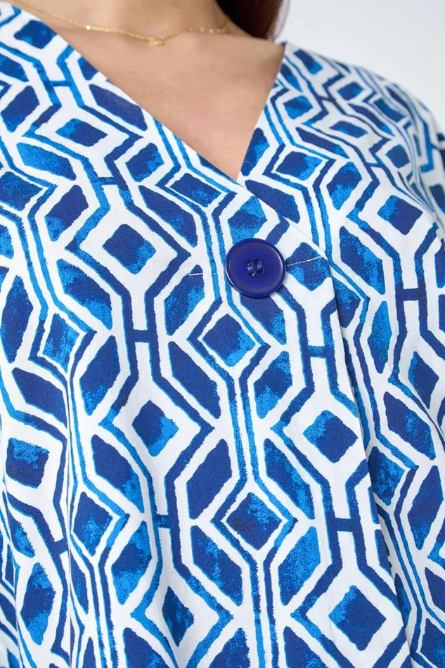 Women Blue Geometric Pleated Button Detail Top Roman Tops
