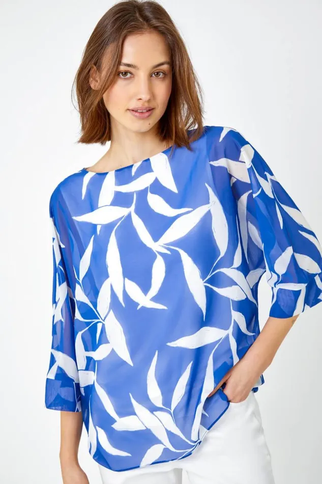 Women Blue Leaf Print Chiffon Overlay Top Roman Tops