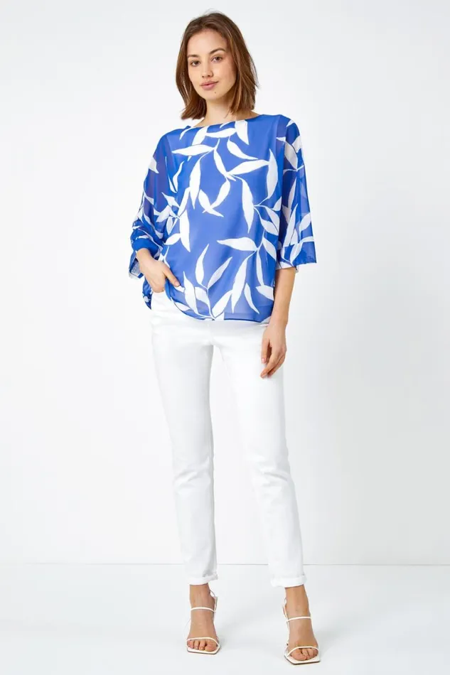 Women Blue Leaf Print Chiffon Overlay Top Roman Tops